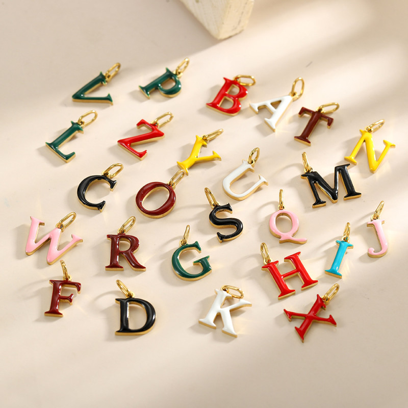 European and American Cross-Border Hot-Selling Colorful 26 English Letter Pendant Oil Drop Stainless Steel Vacuum Electroplating Accessories DIY Accessories