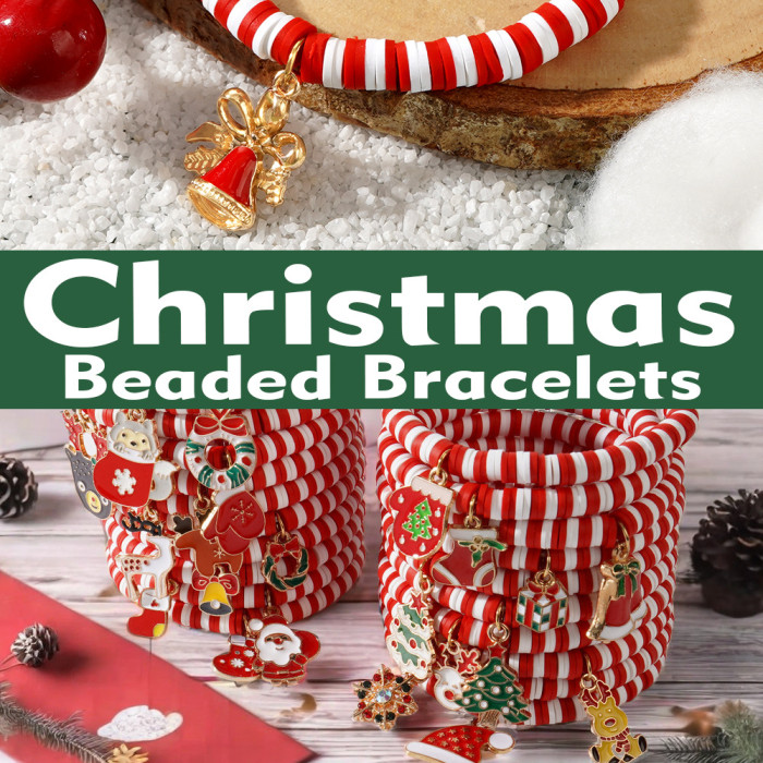Christmas Soft Clay Beaded Bracelet Christmas Tree Snowman Bell Reindeer Pendant Red White Green Lucky Bead Bracelet...