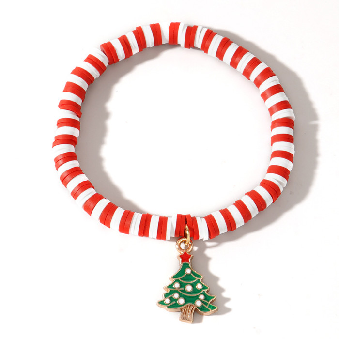 Christmas Soft Clay Beaded Bracelet Christmas Tree Snowman Bell Reindeer Pendant Red White Green Lucky Bead Bracelet...