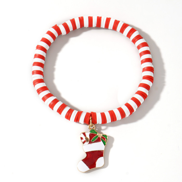 Christmas Soft Clay Beaded Bracelet Christmas Tree Snowman Bell Reindeer Pendant Red White Green Lucky Bead Bracelet...