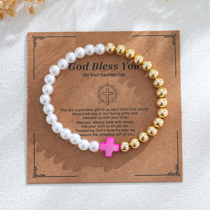 Ins Niche Design Colorful Cross Bracelet Imitation Pearl Gold Bead Splicing Elastic Beaded Bracelet Supply