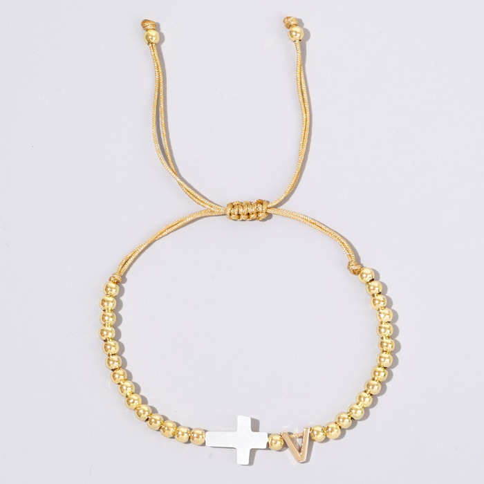 INS Cross-Border Hot-Selling Gold Bead Cross Bracelet White Shell Cross 26 English Letter Accessories Trendy Must-Have
