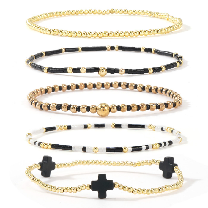 Hot Sale Ins Style Fashion Light Luxury Gold Bead Cross Set Bracelet for Women High-End Layered Jewelry