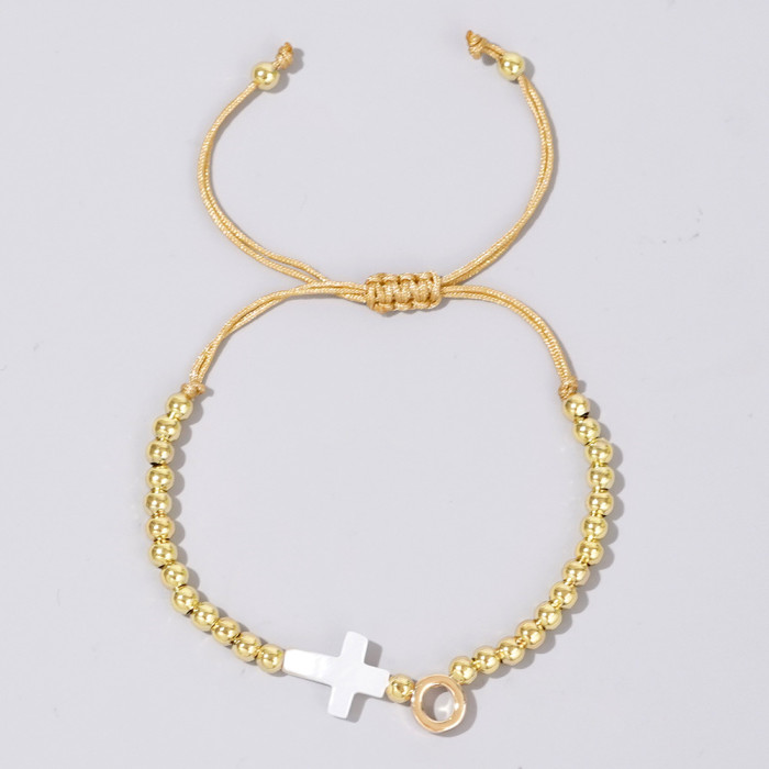 INS Cross-Border Hot-Selling Gold Bead Cross Bracelet White Shell Cross 26 English Letter Accessories Trendy Must-Have