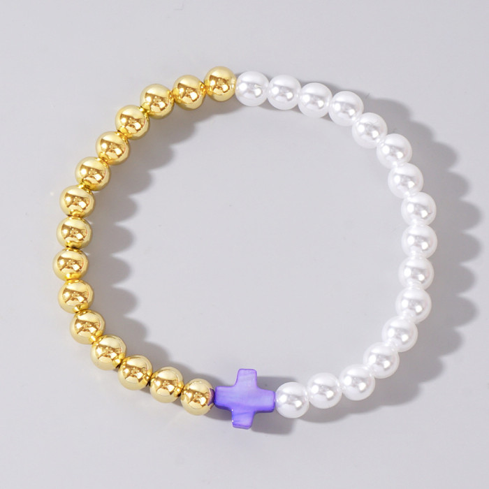 Ins Niche Design Colorful Cross Bracelet Imitation Pearl Gold Bead Splicing Elastic Beaded Bracelet Supply