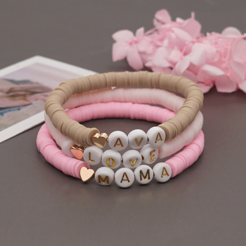 Ins Trendy Pink Soft Clay Bracelet for Women Fashion Letter Heart Beaded Bracelet Mother's Day Gift Elastic Jewelry
