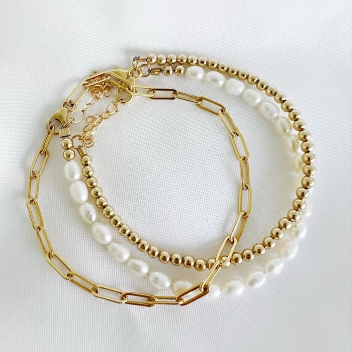 Fashion Simple Niche Metal Chain Imitation Pearl Bracelet for Women Style Ins Internet Celebrity Same Style Layered J...
