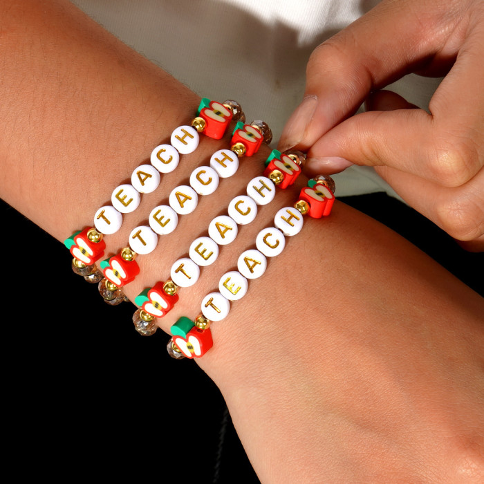European and American Cross-Border Jewelry Gold Letter TEACH Soft Clay Small Apple Crystal Bracelet Stackable Versatile Crystal Bracelet