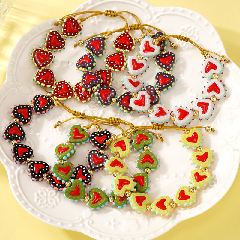 Ins Niche Design Red Heart Bohemian Style Bracelet Enamel Color Drawstring Adjustable Women's Wholesale