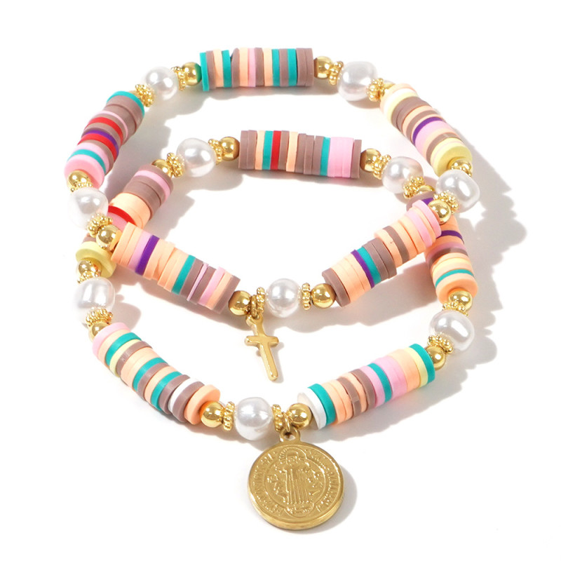 Amazon Cross-Border Hot-Selling Bohemian Style Colorful Soft Clay Imitation Pearl Cross Bracelet Versatile Elastic Bracelet