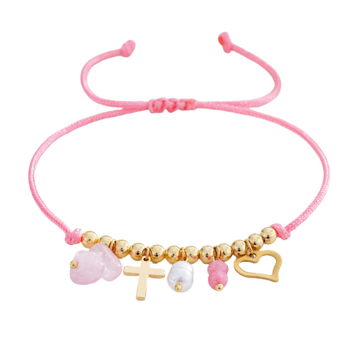 Summer Fresh Pink Rope Gold Bead Bracelet Heart Cross Embellishment Super Sweet Girl Exquisite Small Jewelry Bracelet