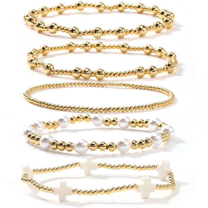 Cross-Border Exclusive Cross Imitation Pearl Gold Beaded Bracelet Fashionable Light Luxury High-End Bracelet for Women Layered Wear