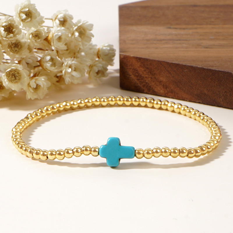 Cross-Border Hot Sale 2025 Foreign Trade Popular Gold Color Personality Versatile Semi-Precious Stone Cross Copper Bead Elastic Rope Bracelet