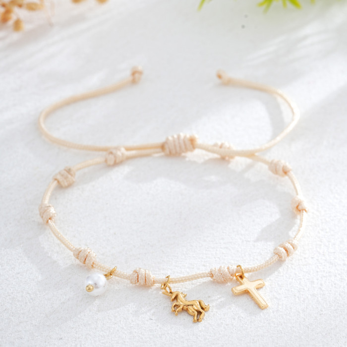 Summer Vacation Bohemian Cross Pearl Pendant Color Rope Braided Bracelet Light Luxury Niche Exquisite High-end Feel,...
