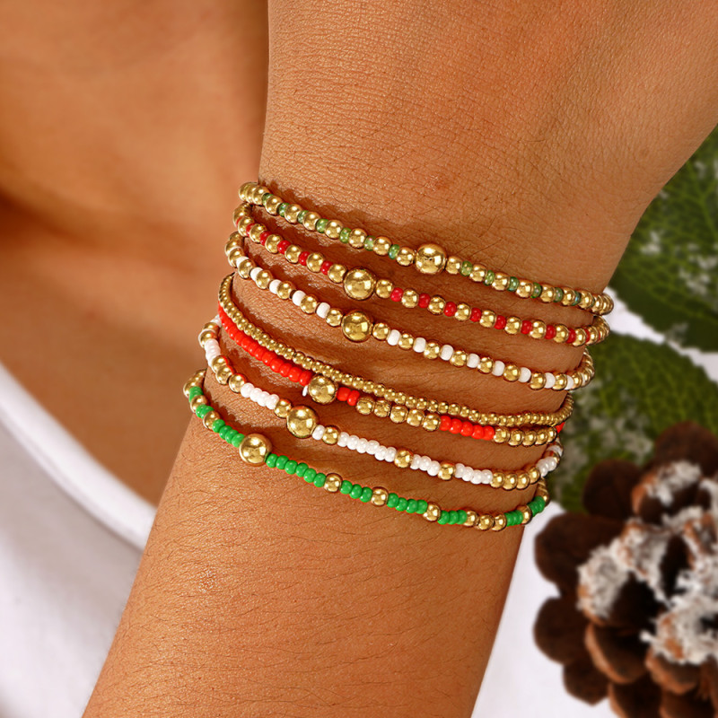 Cross-Border Hot-Selling Four-Layer Stacked Bracelet Red Green White Gold Beads Versatile Fashion Accessories Beaded Bracelet Multi-Layer for Women