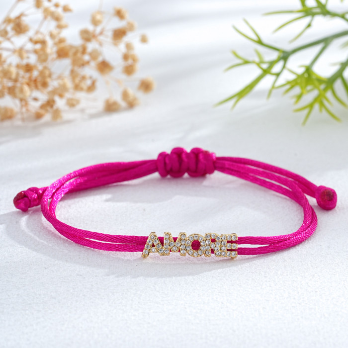 White Three-Dimensional AMORE Large Wax Thread Bracelet Vintage Texture Layered Wear Statement Niche Personality Bracelet