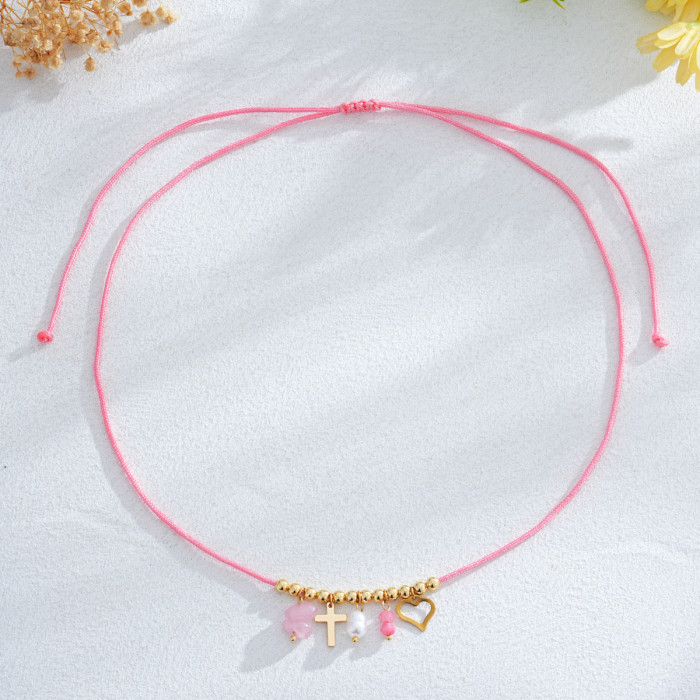 Summer Fresh Pink Rope Gold Bead Bracelet Heart Cross Embellishment Super Sweet Girl Exquisite Small Jewelry Bracelet