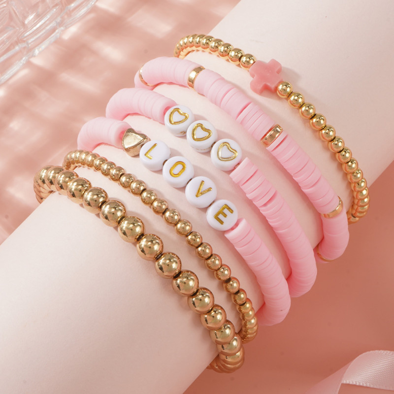 Cross-Border New Pink Soft Clay Letter Six-Piece Bracelet Set Heart Cross High-End Feel Jewelry Bracelet Set