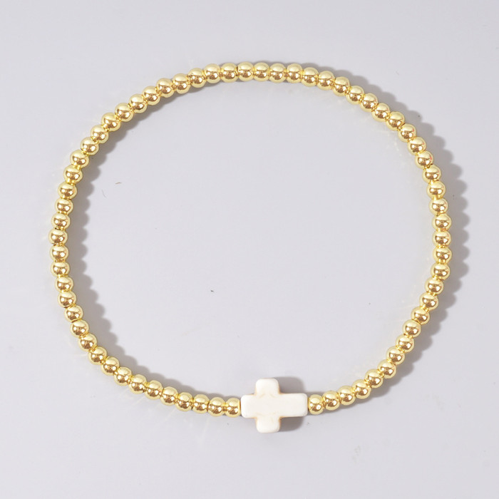 Cross-Border Hot Sale 2025 Foreign Trade Popular Gold Color Personality Versatile Semi-Precious Stone Cross Copper Bead Elastic Rope Bracelet