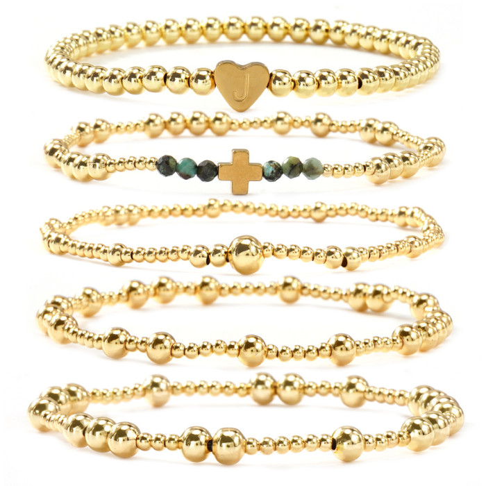 Hot-Selling INS Style Gold Beaded Bracelet for Women with Heart, Letters, and Cross Design, Stackable Metal Bead Jewe...