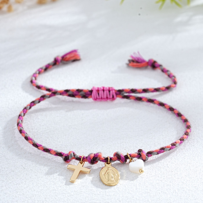 Fresh Color Series Cross Oval Tag Pendant Bracelet Yellow Orange Pink Blue Hand-twisted Cotton Rope Niche Design Accessories