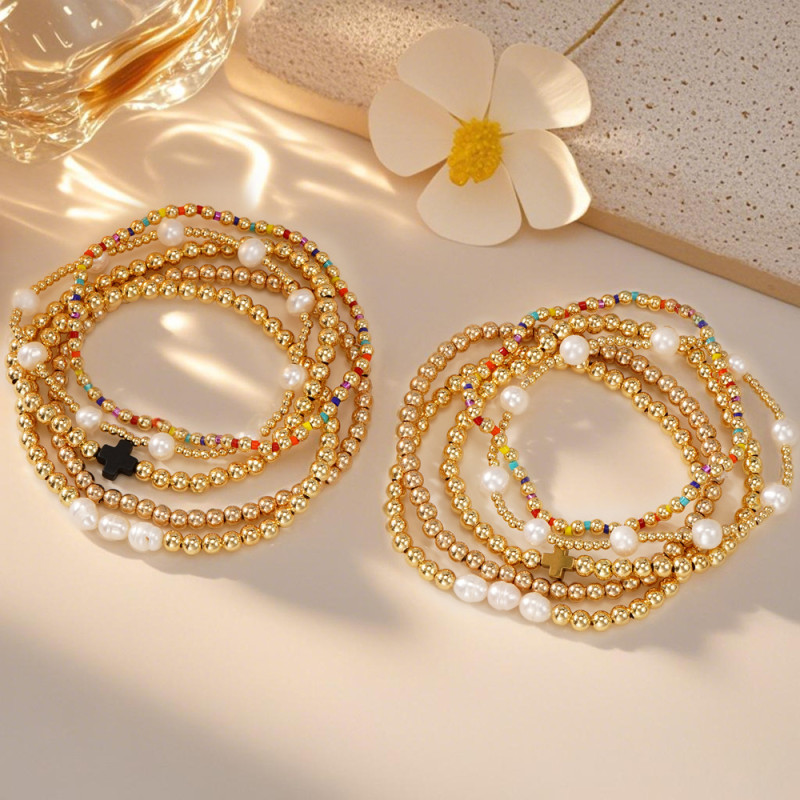 Hot-Selling Cross-Border Luxury Five-Layer Stacked Gold Bead Rainbow Pearl Bracelet Set Adjustable Versatile Accessories