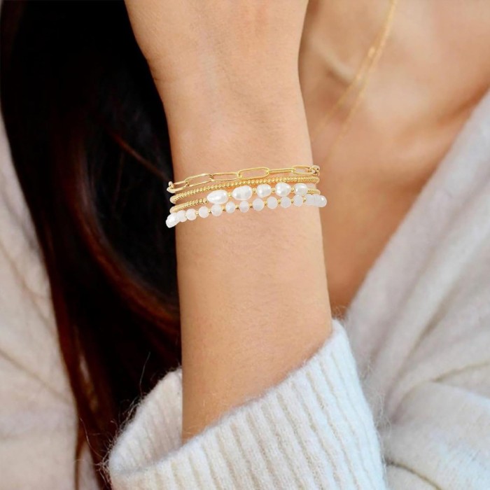 European and American Cross-Border Simple Style Layered Bracelet for Women with Crystal Imitation Pearl Beads and Gold Chain Fashionable High-End Jewelry