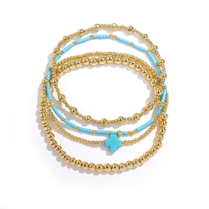 Summer Hot-Selling Cross Bracelet Set Gold Beads Colorful Beads Layered Light Luxury Versatile Bracelet for Women Simple