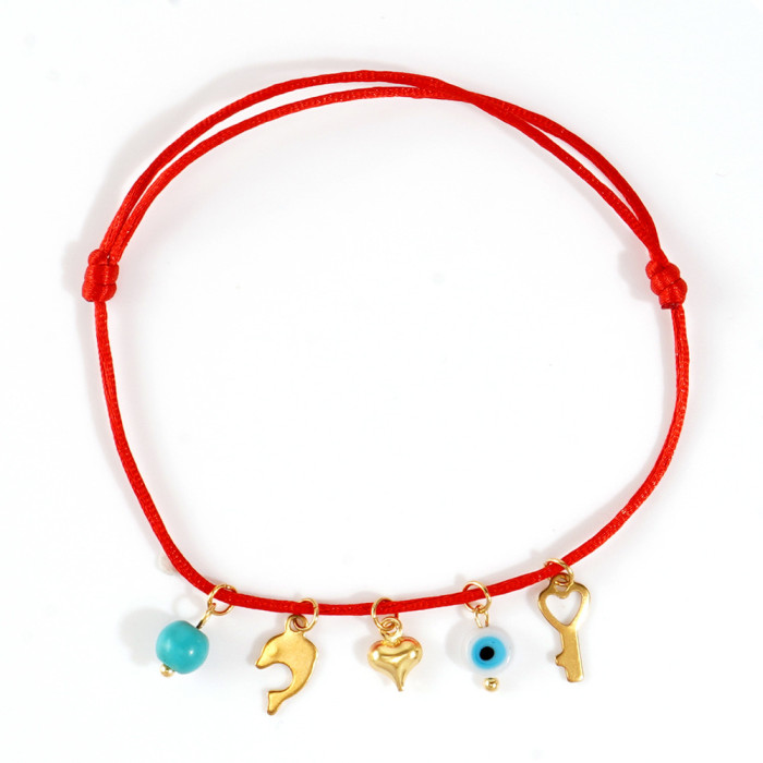 Hot Sale INS Red Rope Bracelet Gold Dolphin Heart Key + Evil Eye Pendant + Versatile Turquoise, Necklaces