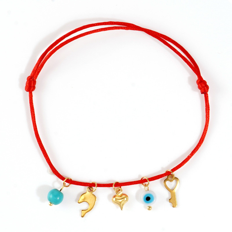 Cross-Border Hot Sale INS Red Rope Bracelet Gold Dolphin Heart Key + Evil Eye Pendant + Versatile Turquoise