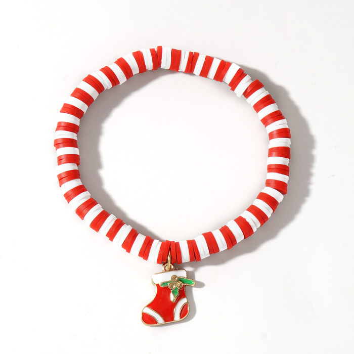Christmas Soft Clay Beaded Bracelet Christmas Tree Snowman Bell Reindeer Pendant Red White Green Lucky Bead Bracelet...