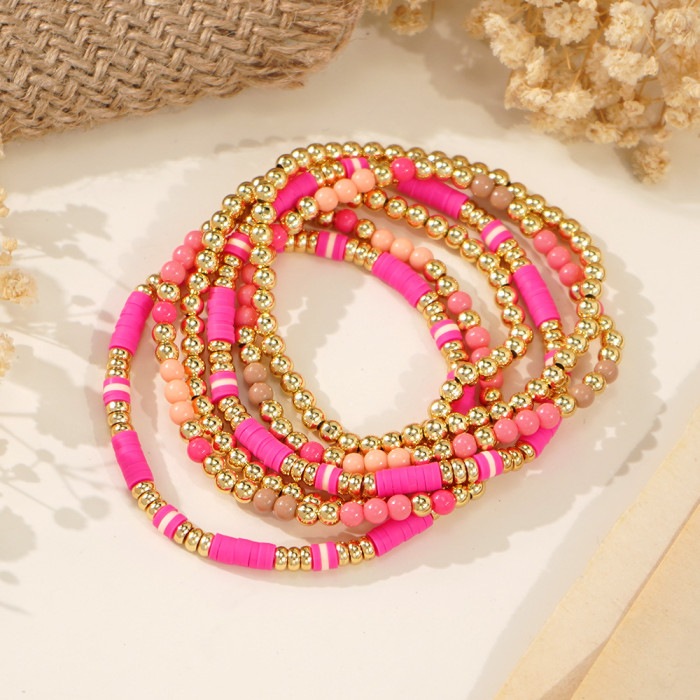 Hot Selling European and American Cross-Border Bohemian Style Bracelet Set Pink Soft Clay Texture Gold Round Bead Design Jewelry