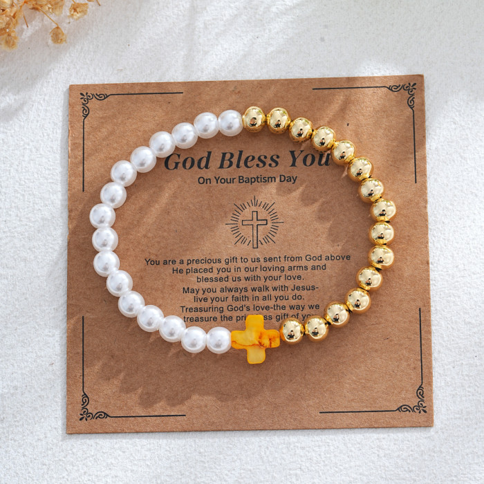 Ins Niche Design Colorful Cross Bracelet Imitation Pearl Gold Bead Splicing Elastic Beaded Bracelet Supply