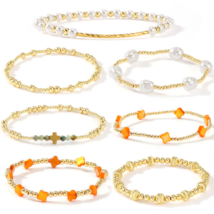 2025 Summer New European and American Style Pearl Gold Bead Bracelet Set Ins Simple High-end Feel Layered Jewelry
