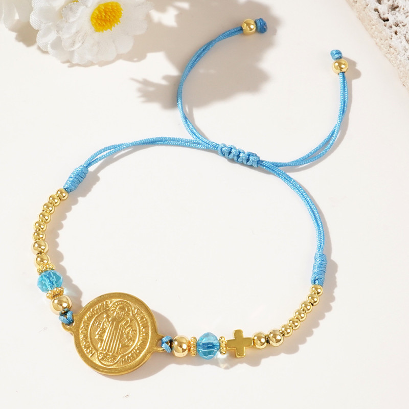 Cross-Border Niche Religious Jewelry Blue Rope Adjustable Bracelet with Gold Saint Image Cross Beaded Bracelet for Women