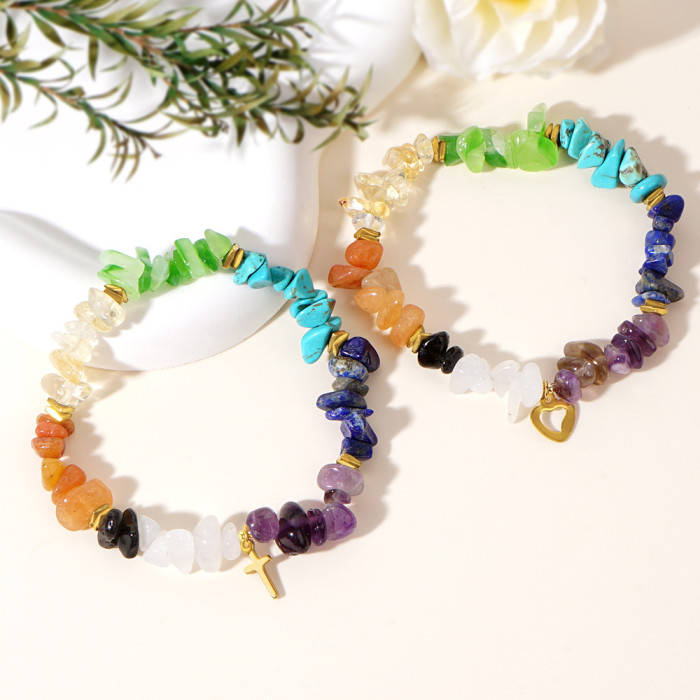 Custom Bohemian Style Valentine's Day Heart Pendant Crushed Stone Bracelet Cross Elastic Cord Jewelry Heart Bracelet