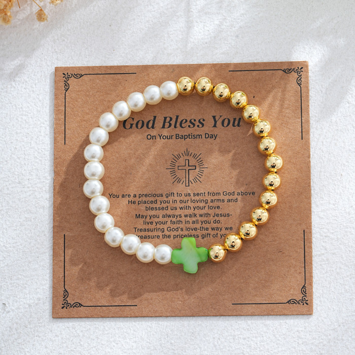 Ins Niche Design Colorful Cross Bracelet Imitation Pearl Gold Bead Splicing Elastic Beaded Bracelet Supply
