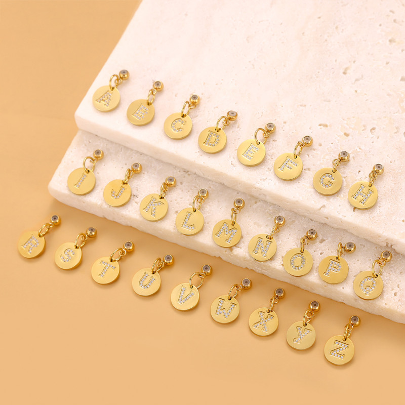 Cross-Border Hot-Selling Fashion Simple Light Luxury Versatile 14K Round Pendant with Diamond-Studded Letter Pendant Accessories for Daily Wear