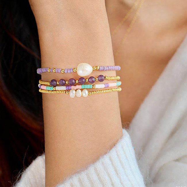 European and American Niche Design Multi-layer Stacking Jewelry Wholesale Gold Peach Heart Black Gallstone Pearl Bracelet for Women Summer New Style