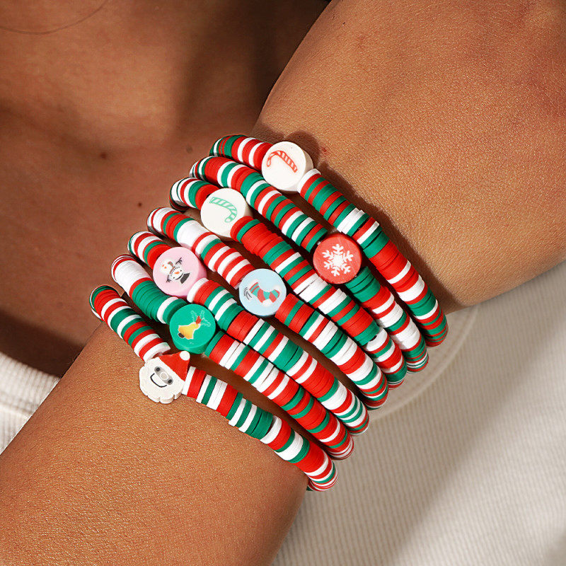 Amazon Hot-Selling Christmas Soft Clay Bracelet for Women Red and Green Christmas Theme Beaded Bracelet Wholesale