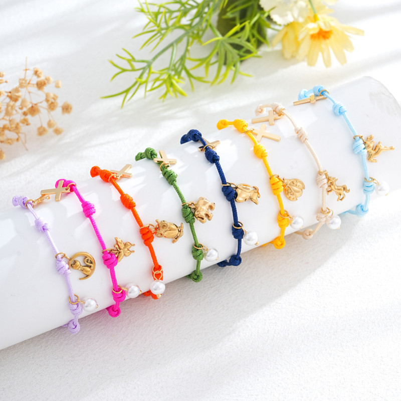 Summer Vacation Bohemian Cross Pearl Pendant Color Rope Braided Bracelet Light Luxury Niche Exquisite High-end Feel