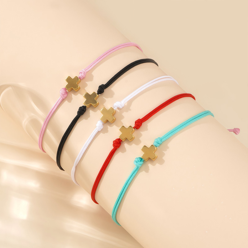 Cross-Border Hot Sale Rainbow Color Rope with Gold Cross Decoration Bracelet Fashion Versatile In Stock Wholesale