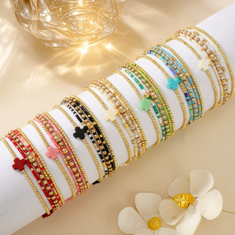 Cross-Border Hot Sale Ins Style Fashion Light Luxury Gold Bead Cross Set Bracelet for Women High-End Layered Jewelry