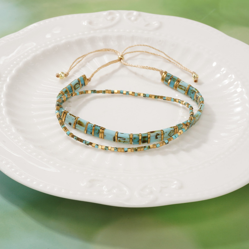 Bohemian Style Layered Tila Bracelet for Men and Women, Ins Style Retro Blue and Green Beaded Gold Chain Bracelet, Cross-Border