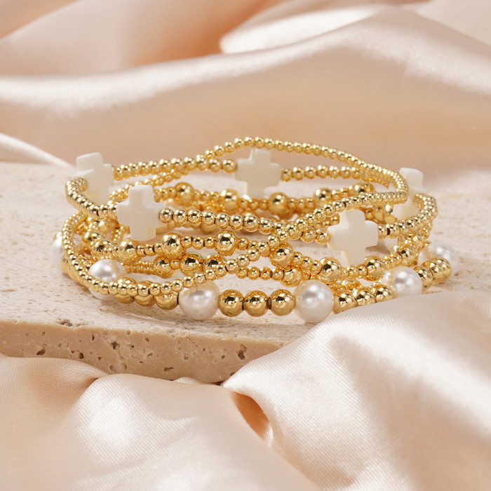 Cross-Border Exclusive Cross Imitation Pearl Gold Beaded Bracelet Fashionable Light Luxury High-End Bracelet for Women Layered Wear