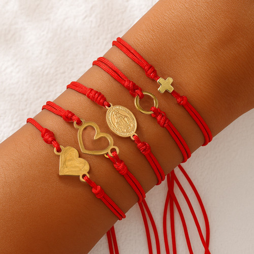 Simple Handmade Red Rope Bracelet INS Heart Cross Double Diamond Ear Hook Jewelry Religious Belief Culture
