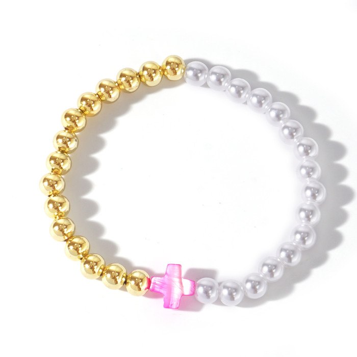 Ins Niche Design Colorful Cross Bracelet Imitation Pearl Gold Bead Splicing Elastic Beaded Bracelet Supply