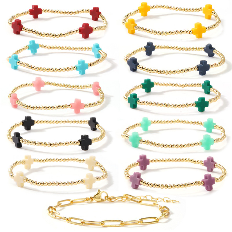 Amazon Cross-Border Fashion Colorful Cross Gold Bead Bracelet Set Geometric Bracelet Jewelry for Women Trendy