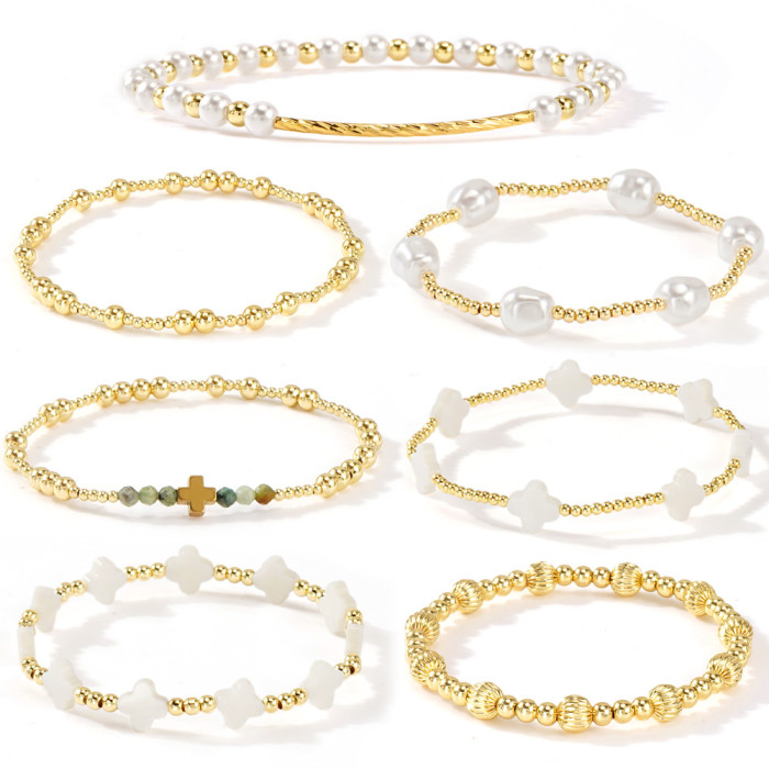 2025 Summer New European and American Style Pearl Gold Bead Bracelet Set Ins Simple High-end Feel Layered Jewelry