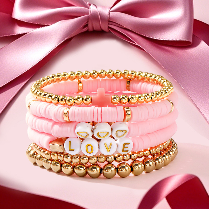 Cross-Border New Pink Soft Clay Letter Six-Piece Bracelet Set Heart Cross High-End Feel Jewelry Bracelet Set